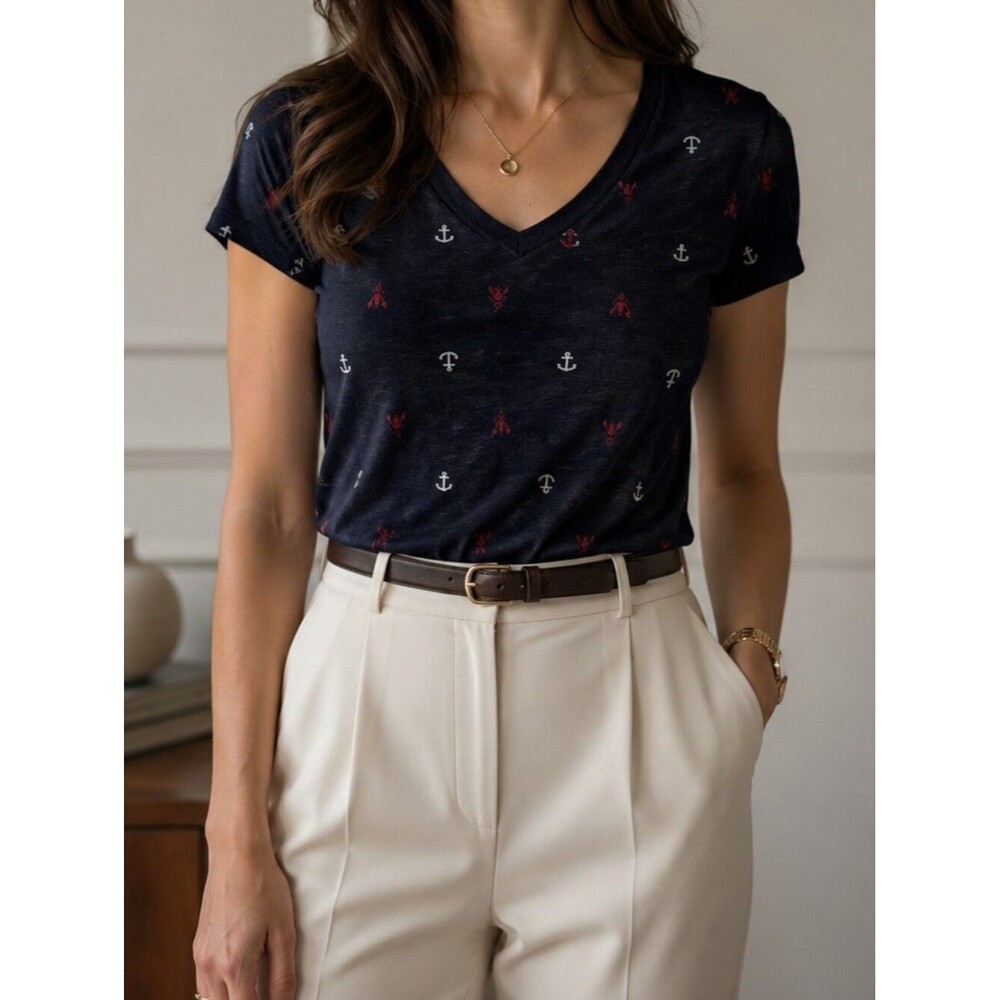 Navy Anchor Print High Low V Neck Tee S Oversized Nautical Summer Beach Quiet Lu